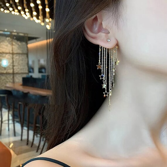 Star Dangle Earrings Gold Star Earrings Eye Catching Long Etsy