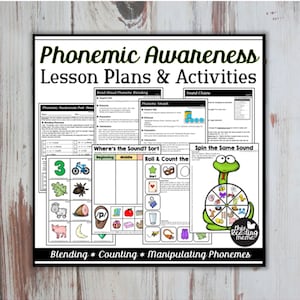 Puede incluir: Un conjunto de hojas de trabajo y actividades imprimibles para enseñar conciencia fonémica. Las hojas de trabajo presentan ilustraciones coloridas y actividades atractivas como "¿Dónde está el sonido? Clasificar", "Girar el mismo sonido" y "Lanzar y contar el sonido".