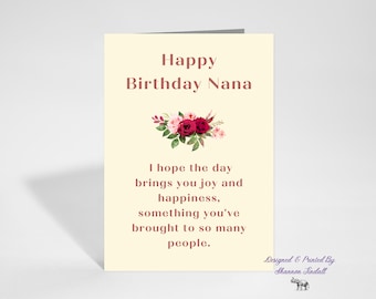 Happy Birthday Nana, 5x7 Birthday Card, Birthday Card for her, Birthday Cards, Missing You, Nana Birthday Card, See more!