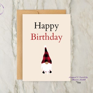 Carte d'anniversaire gnome 5 x 7, carte à carreaux Buffalo, carte gnome, carte d'anniversaire simple, carte pensée à vous, carte d'anniversaire à carreaux, Voir plus...