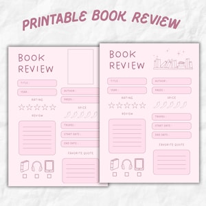 Printable Book Review Sheets, 5x7 Book Review, Booktok, Bookish, Book Rating, Downloadable Book Tracker, 2 Page Bundle, Gift for Book Lover