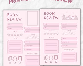 Hojas de reseñas de libros imprimibles, reseñas de libros de 5 x 7, Booktok, Bookish, calificación de libros, seguimiento de libros descargable, paquete de 2 páginas, regalo para amantes de los libros