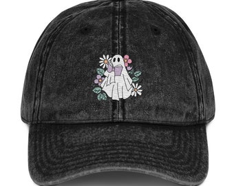 Gorra de sarga de algodón bordada con fantasmas leyendo - Sombrero de Halloween literario