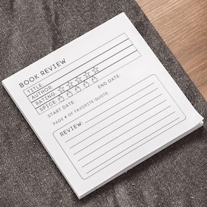 May include: A white book review template with lines for writing down the title, author, rating, spice level, start date, end date, page number of a favorite quote, and a review.