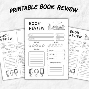 印刷可能な書評シート、5x7 書評、Booktok、Bookish、書籍評価、ダウンロード可能な書籍トラッカー、3 ページ バンドル、読書好きへのギフト
