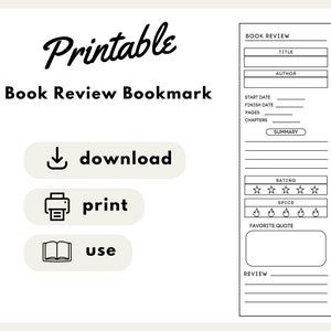 印刷可能な書評ブックマーク、ブックマーク、書評、Booktok、Bookish、書籍評価、ダウンロード可能な書籍トラッカー、印刷可能なブックマーク
