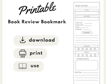Marcador de reseña de libro imprimible, Marcador, Reseña de libro, Booktok, Bookish, Calificación de libros, Rastreador de libros descargable, Marcadores imprimibles