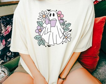 Camiseta de Halloween librería, Lectura fantasma, Camisa fantasma, Regalo para amante de los libros, Camisa de Halloween para ratón de biblioteca, Regalo para ella, Color cómodo, Unisex