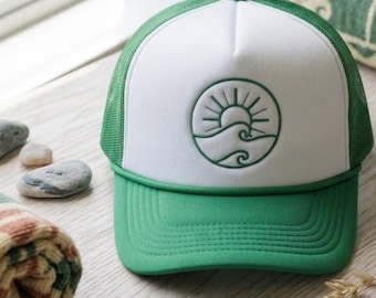 Green Wave Trucker Hat, Coastal Beach Hat, Embroidered Surf Cap, Lake Life Snapback, Ocean Lover Gift