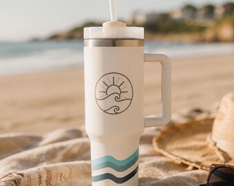 Retro Sun Wave 40 oz Tumbler, Beach Travel Mug with Handle, Ocean Theme Stainless Steel Cup, Coastal Insulated Tumbler, Summer Gift