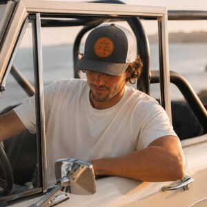 Wave Leather Patch Trucker Hat, Coastal Beach Hat, Lake Life Hat, Ocean Lover Gift, Minimalist Trucker Cap, Vacation Hat image 3