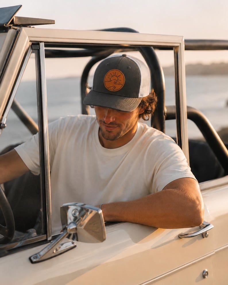 Wave Leather Patch Trucker Hat, Coastal Beach Hat, Lake Life Hat, Ocean Lover Gift, Minimalist Trucker Cap, Vacation Hat image 3