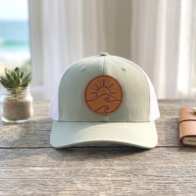Wave Leather Patch Trucker Hat, Coastal Beach Hat, Lake Life Hat, Ocean Lover Gift, Minimalist Trucker Cap, Vacation Hat image 8