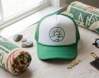Czapka trucker Green Wave, czapka plażowa Coastal, haftowana czapka surfingowa, czapka z daszkiem Lake Life Snapback, prezent dla miłośnika oceanu