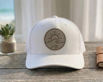 Wave Leather Patch Trucker Hat, Coastal Beach Hat, Lake Life Hat, Ocean Lover Gift, Minimalist Trucker Cap, Vacation Hat