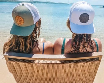 Czapka typu trucker z naszywką ze skóry Wave, kapelusz plażowy, kapelusz Lake Life, prezent dla miłośnika oceanu, minimalistyczna czapka typu trucker, kapelusz wakacyjny