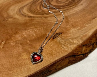 Collar de corazón de plata de ley, collar de granate rojo natural, collar en forma de corazón de granate rojo, collar colgante de corazón, regalo para mujeres