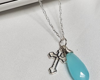Natural Aqua Chalcedony necklace, Chalcedony pendant necklace, Gemstone necklace, Cross charm necklace, 925 Sterling Silver necklace