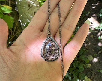 Natural Black Rutilated Quartz necklace, Rutilated Quartz pendant necklace, 925 Sterling Silver oxidized necklace, One of a kind necklace