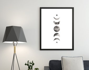 Impresión de fases lunares, arte de pared con fases lunares, impresión en acuarela, póster lunar, arte de pared lunar, impresión celestial, impresión digital, descarga digital