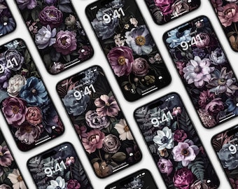 6 fonds d'écran floraux pour téléphone, fleurs vintage, écran de verrouillage, botanique gothique sombre, ensemble d'arrière-plan numérique, iPhone
