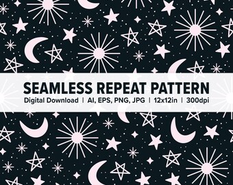 Motif lune et étoiles, motif transparent, motif répété, papier numérique, téléchargement numérique, céleste rose, espace, papier de scrapbooking, impression