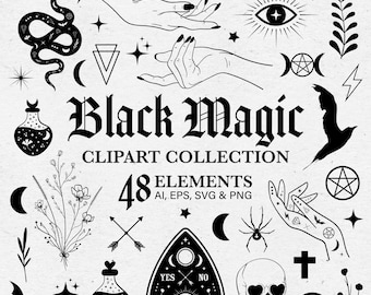 Collection de cliparts magie noire, cliparts sorcellerie, illustrations occultes, vecteur, PNG, gothique, céleste, sorcière, mystique, noir et blanc