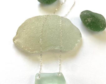 Genuine Sea Glass Bar Necklace, Sterling Silver Chain, Ocean Jewelry
