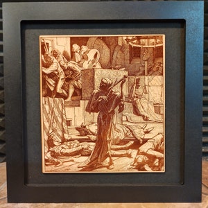 May include: A framed woodcut print depicting a scene of death. A cloaked figure with a scythe stands in the center of the image, surrounded by figures lying on the ground. The print is in shades of brown and white.