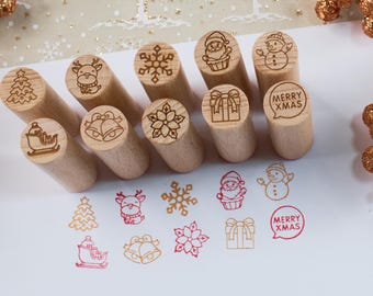 Mini Wooden Christmas Stamps | 18 Holiday Designs (Santa, Snowflake, Tree)