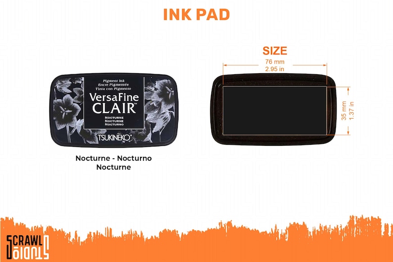 K&ouml;nnte beinhalten: Schwarzes Stempelkissen mit dem Text "INK PAD" und "VersaFine CLAIR". Das Stempelkissen ist schwarz mit einem floralen Design und misst 76 mm x 35 mm.