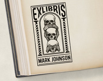 Sello de libro Skull ex libris / Sello de biblioteca esqueleto personalizado / Regalo perfecto