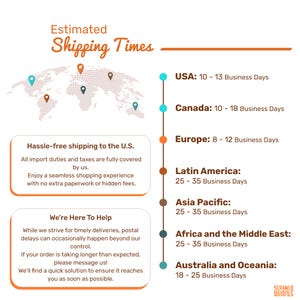 K&ouml;nnte beinhalten: Infografik mit dem Titel "Gesch&auml;tzte Versandzeiten" und einer Weltkarte mit Markierungen. Sie listet gesch&auml;tzte Lieferzeiten in Werktagen f&uuml;r die USA, Kanada, Europa, Lateinamerika, Asien-Pazifik, Afrika und den Nahen Osten sowie Australien und Ozeanien auf.