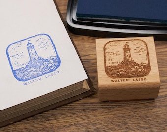 Custom Ex Libris Stamp | Lighthouse Woodcut Bookplate | Personalized Book Stamp for Library | Nautical Book Lover Gift | Stamp with Ink Pad