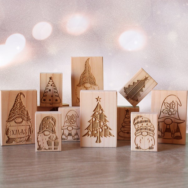 tampons en caoutchouc de Noël | Timbre en caoutchouc de vacances | Timbre artisanal de Noël | Joyeux timbre de Noël | Timbre Gnomo | Timbre d'arbre de Noël