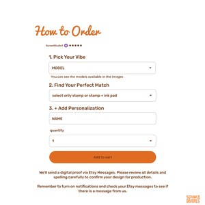 May include: A white webpage with instructions on how to order a product. The title "How to Order" is in orange script. The steps include picking a model, finding a match, and adding personalization. An orange "Add to cart" button is at the bottom.