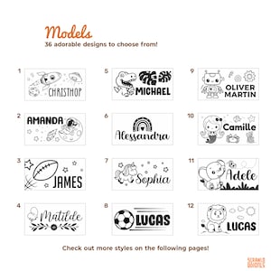 May include: Twelve black and white designs featuring names and illustrations. Designs include a rocket, astronaut, football, floral design, dinosaur, rainbow, unicorn, football, robot, mermaid, elephant, and lion. Text reads "Models" and "36 adorable designs to choose from!"