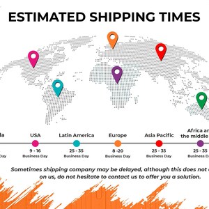 May include: A world map with pins indicating estimated shipping times to different regions. The map shows estimated shipping times for Canada, USA, Latin America, Europe, Asia Pacific, Africa and the middle east, and Australia and Oceania.