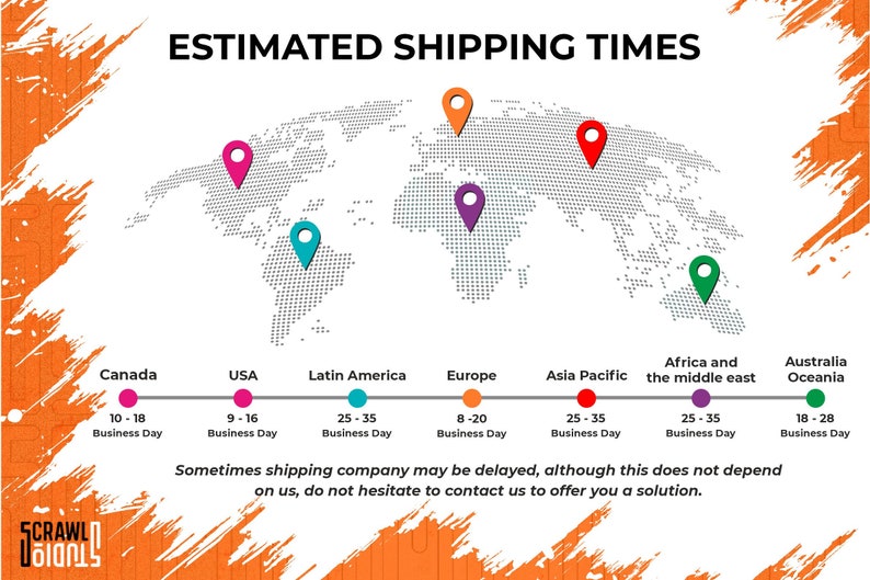 May include: A world map with pins indicating estimated shipping times to different regions. The map shows estimated shipping times for Canada, USA, Latin America, Europe, Asia Pacific, Africa and the middle east, and Australia and Oceania.