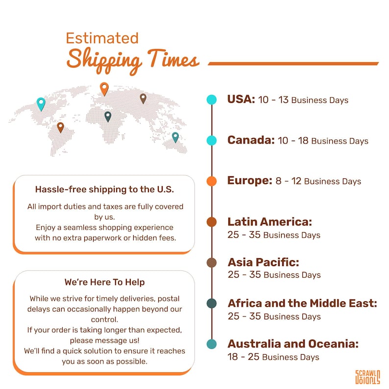 May include: An infographic titled "Estimated Shipping Times" showing a world map with pinpoints. It details estimated delivery times in business days for the USA, Canada, Europe, Latin America, Asia Pacific, Africa and the Middle East, and Australia and Oceania.