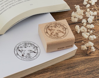 Hummingbirds Ex Libris Stamp on Cherry Tree | From The Library of Stamp| Personalizable Library Stamp  | Custom Ex Libris Book Stamp