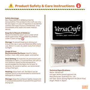 May include: Instructions for VersaCraft ink, including safety warnings and usage guidelines. The image displays a white ink pad with black text, including the brand name. The text details the ink's properties, such as being water-based and quick-drying, and its recommended uses.