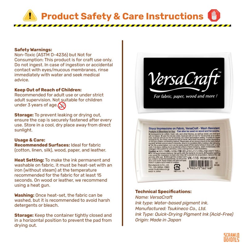 May include: Instructions for VersaCraft ink, including safety warnings and usage guidelines. The image displays a white ink pad with black text, including the brand name. The text details the ink's properties, such as being water-based and quick-drying, and its recommended uses.