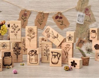 set of 10 leaves trees flowers rubber stamps wood top