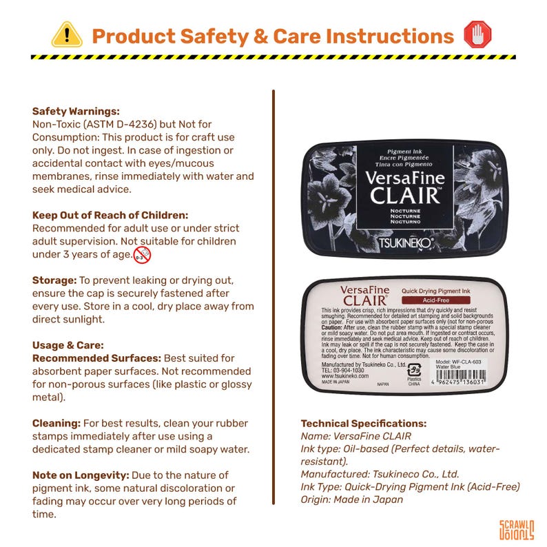 May include: Product safety and care instructions for VersaFine CLAIR ink. The image shows a black ink pad with the text "VersaFine CLAIR" and safety warnings. The ink is oil-based, quick-drying, and acid-free. Made in Japan.