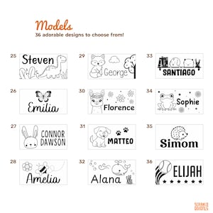 May include: A selection of 36 adorable designs, each with a name and illustration. Designs include a dinosaur, butterfly, bunny, bee, fox, llama, dog, whale, hedgehog, frog, and a baseball. The word "Models" is at the top.