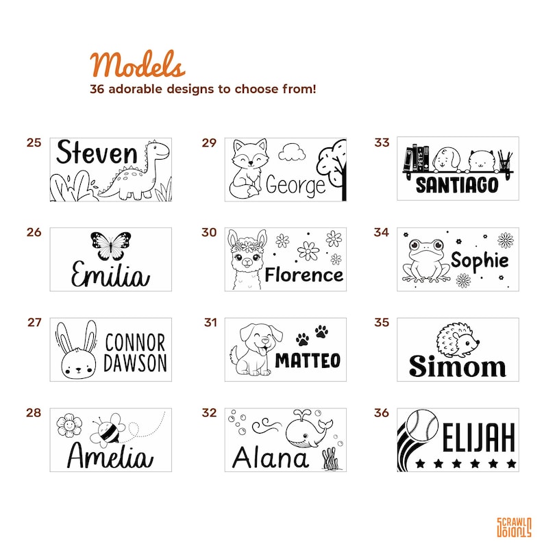 May include: A selection of 36 adorable designs, each with a name and illustration. Designs include a dinosaur, butterfly, bunny, bee, fox, llama, dog, whale, hedgehog, frog, and a baseball. The word "Models" is at the top.