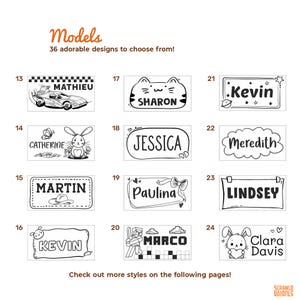 May include: A collection of black and white name tag designs. Each tag displays a name, with decorative elements such as a race car, cat face, bunny, cowboy hat, bow, and Minecraft characters. The text "Models" and "36 adorable designs to choose from!" are also present.