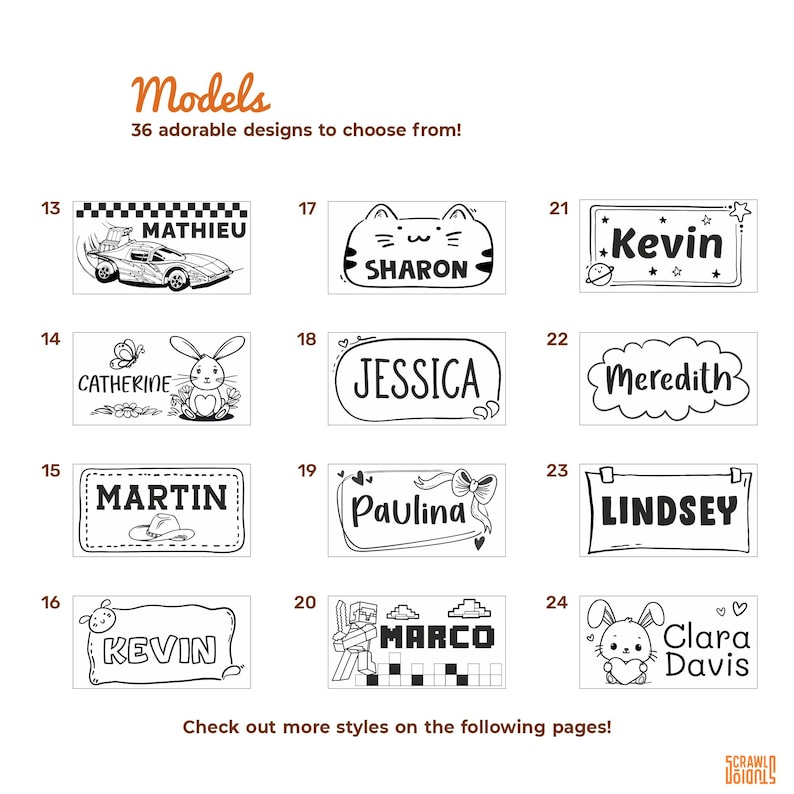 May include: A collection of black and white name tag designs. Each tag displays a name, with decorative elements such as a race car, cat face, bunny, cowboy hat, bow, and Minecraft characters. The text "Models" and "36 adorable designs to choose from!" are also present.