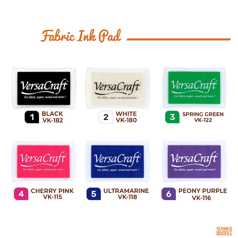 May include: A range of VersaCraft fabric ink pads in colours such as black, white, spring green, cherry pink, ultramarine, and peony purple. Each pad is labelled with its colour and product code, suitable for fabric, paper, wood, and more.